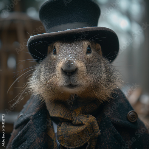 anthropomorphic groundhog dressed in Victorian attire, complete with a top hat and coat, posing for the camera