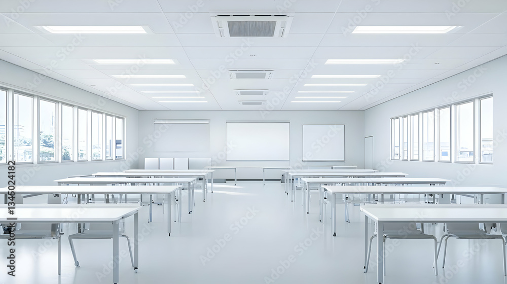 Empty Modern Classroom With White Walls And Tables Empty Modern Classroom With White Walls And Tables