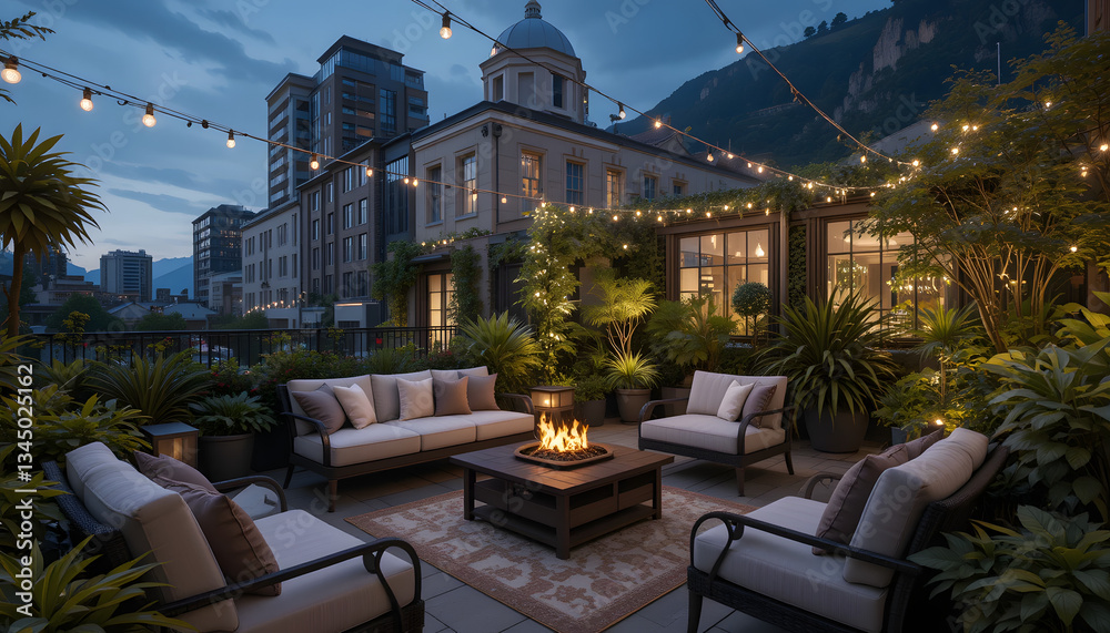 Fototapeta premium Evening Rooftop Terrace with Fire Pit and City View
