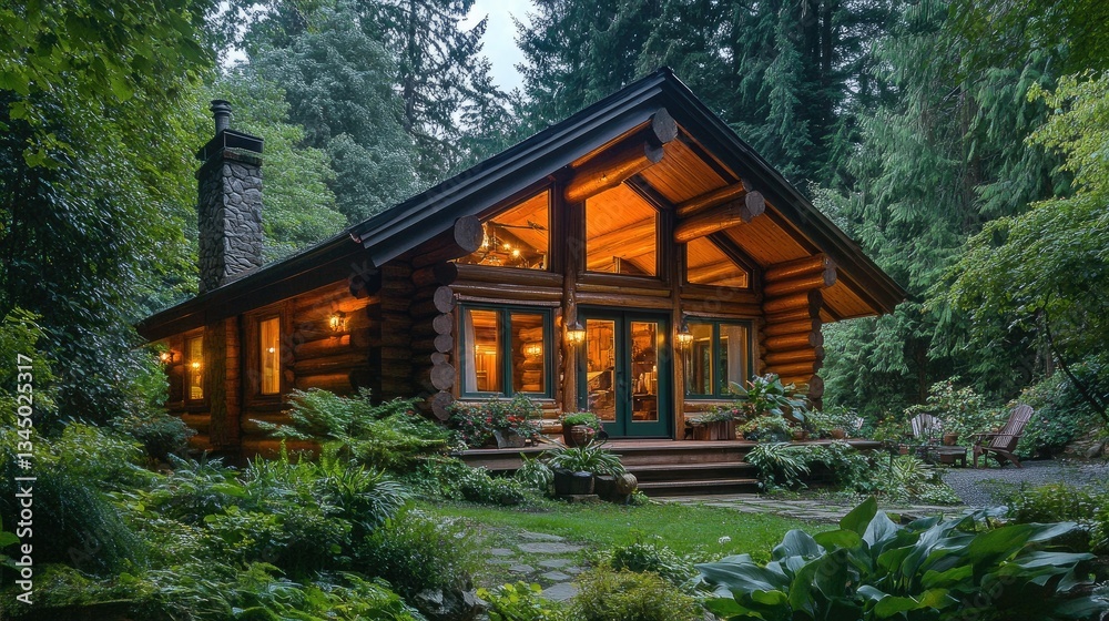 Cozy log cabin nestled in a lush forest setting surrounded by trees, greenery, and a warm inviting atmosphere Cozy log cabin nestled in a lush forest setting surrounded by trees, greenery, and a warm inviting atmosphere