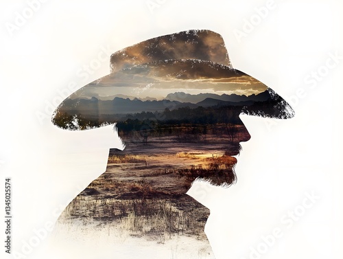Cowboy Silhouette Double Exposure Featuring Nature Landscape at Sunset