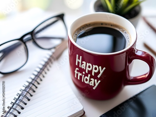 Enjoying Coffee Mug with Happy Friday Message Beside Glasses and Notepad