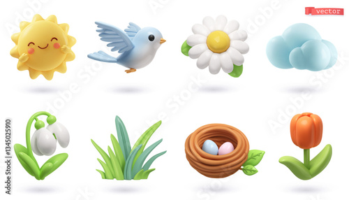 Spring 3d cartoon vector icon set. Sun, bird, chamomile, cloud, snowdrop, grass, nest, tulip