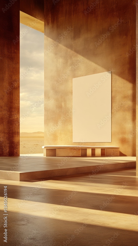 Fototapeta premium An Empty Interior Space With Desert Landscape View Behind