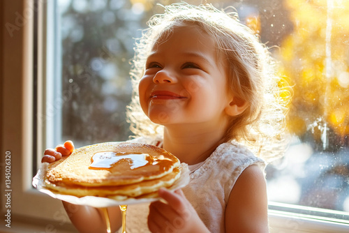 Child enjoying pancakes by the window on a sunny morning with a joyful expression