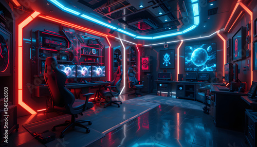 Futuristic Gaming Room with Red and Blue Neon Lights