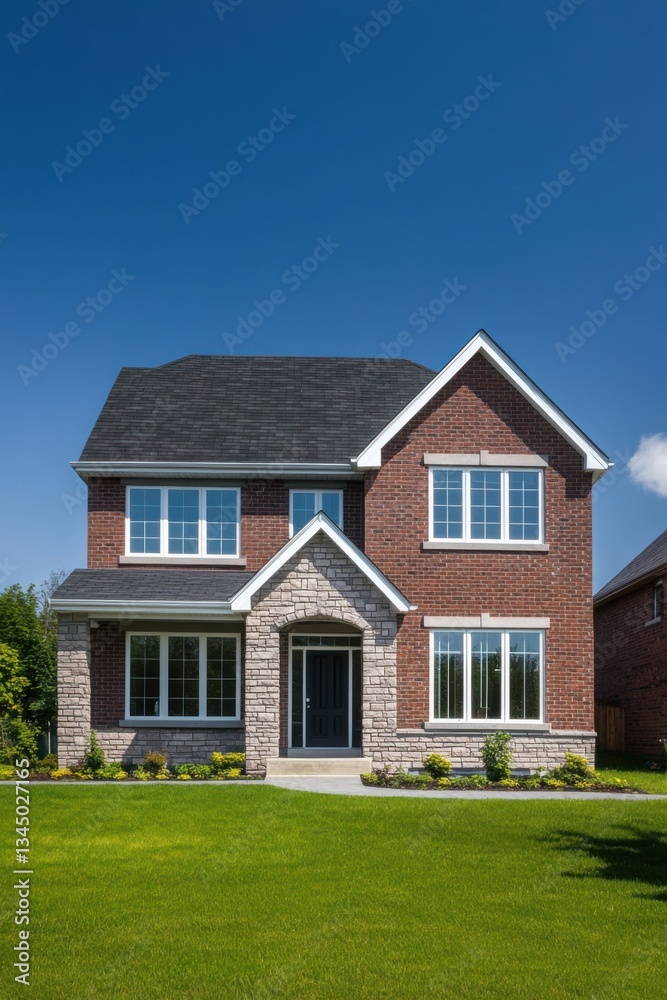 Modern two-story brick house with stone accents and large windows set against a clear blue sky in an inviting suburban neighborhood during daytime Modern two-story brick house with stone accents and large windows set against a clear blue sky in an inviting suburban neighborhood during daytime