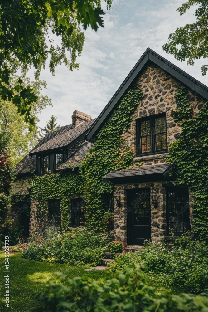 A delightful stone house, gracefully adorned with ivy, is enveloped by vibrant green plants, creating a serene atmosphere on a peaceful afternoon in a picturesque neighborhood