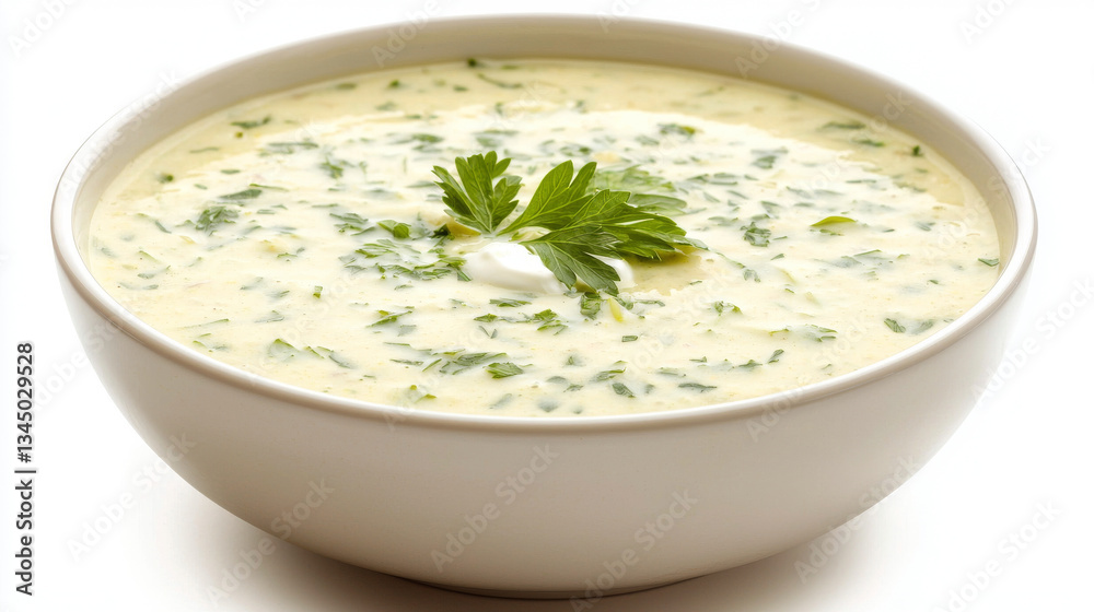 Creamy Asparagus Soup Garnished with Fresh Parsley in White Ceramic Bowl. Concept of healthy eating, vegetarian cuisine, gourmet dishes, elegant dining. White Background Creamy Asparagus Soup Garnished with Fresh Parsley in White Ceramic Bowl. Concept of healthy eating, vegetarian cuisine, gourmet dishes, elegant dining. White Background