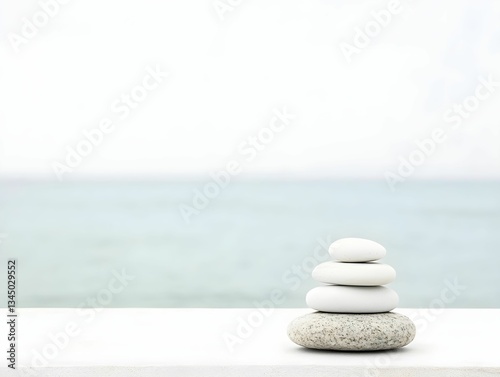 Balanced white stones forming minimalist tower on large rock, blurred ocean background symbolizing zen meditation and tranquility