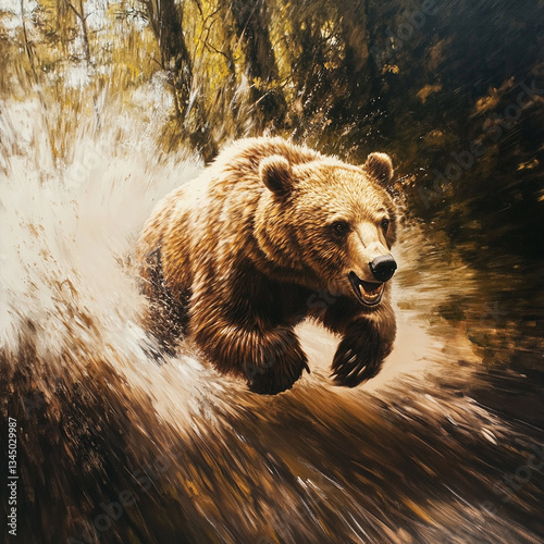 Brown bear runs through the forest along a stream, splashing water and leaves. Dynamic scene with blur effect