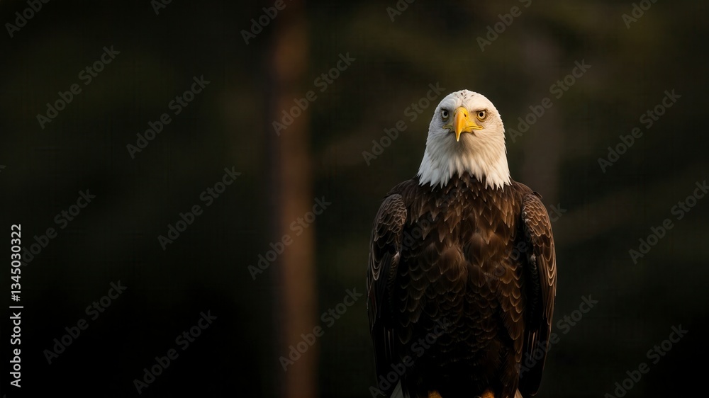Obraz premium Majestic bald eagle perched in a forest, lit by warm sunlight. Powerful bird of prey in its natural habitat. Wildlife photography.