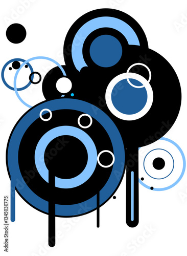 Vecteurs version - Elements de design abstrait rétro "Frutiger Metro" - cercles dégoulinants - 2000s/90s graffiti numérique bleu profond et noir