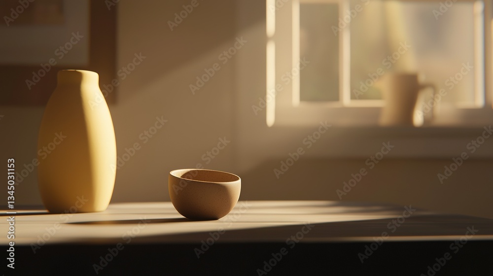 Yellow vase atop wooden table with white bowl next to window Yellow vase atop wooden table with white bowl next to window