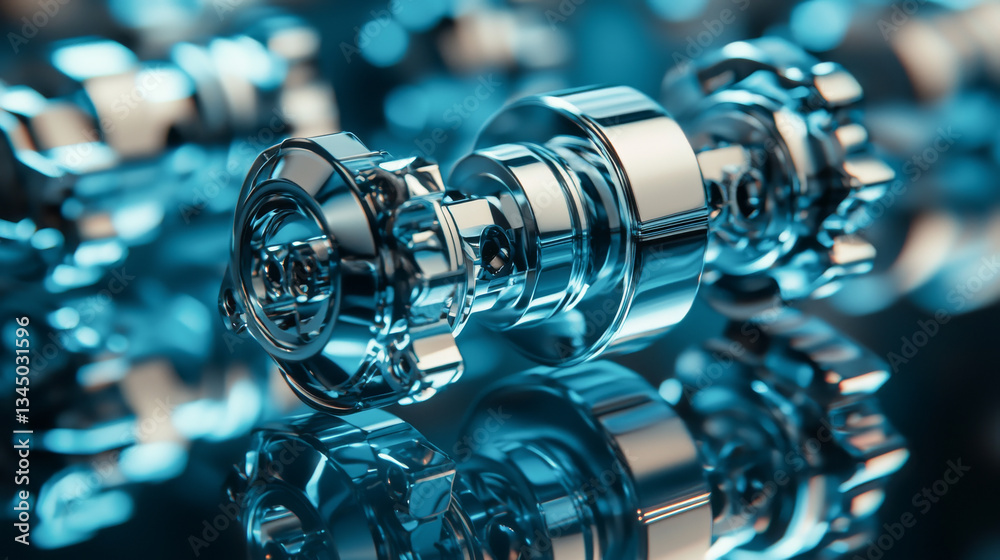 Close-up of metallic mechanical components in engineering design. concept of precision engineering, industrial machinery, technical innovation, mechanical design Close-up of metallic mechanical components in engineering design. concept of precision engineering, industrial machinery, technical innovation, mechanical design