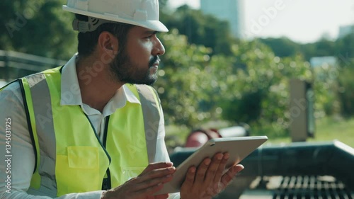 Portrait of professional worker using tablet to control waste water treatment facility at countryside. Engineer sends digital data about sewer purification station inspection