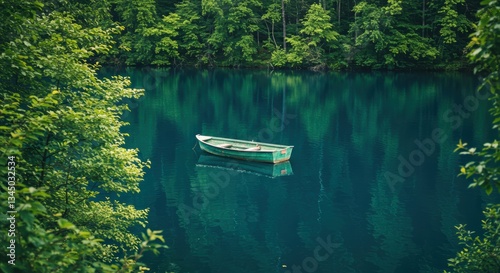 Solitary green boat on serene lake with lush surrounding forest reflections