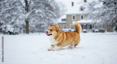 Playful corgi enjoying a snowy day in a winter wonderland