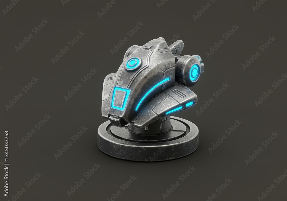 Futuristic robot turret with neon lights on stone base Futuristic robot turret with neon lights on stone base