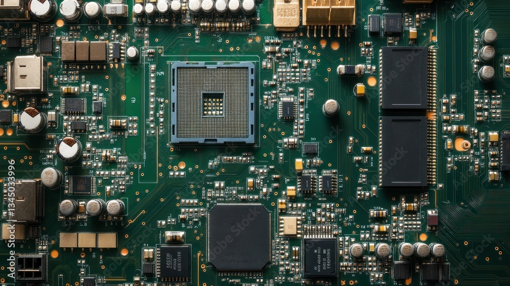 Detailed close up shot of a green computer circuit board Detailed close up shot of a green computer circuit board