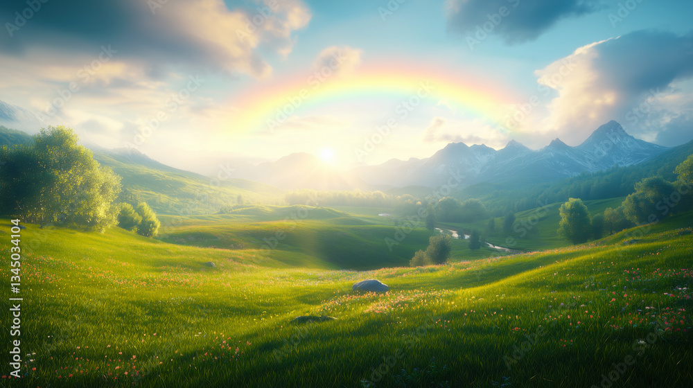 Fototapeta premium Rainbow in Green Mountain Landscape Background