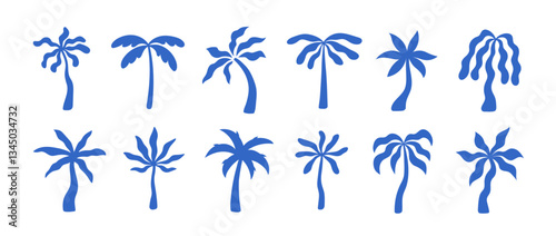 Set of abstract minimal vector naive palm trees. Tropical hand drawn illustrations