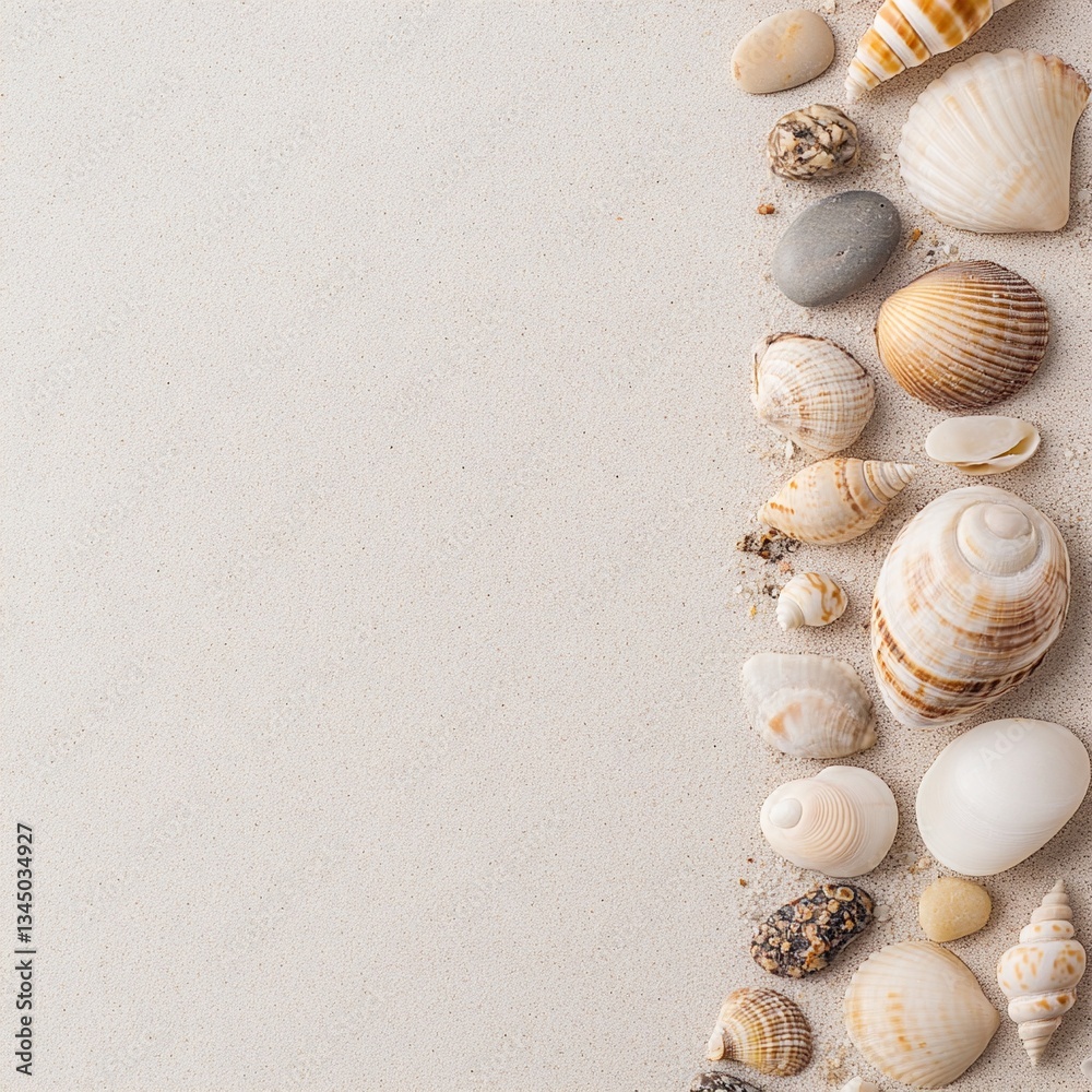 Obraz premium A creative composition featuring natural elements like sand, shells, and small stones arranged on a soft, neutral background