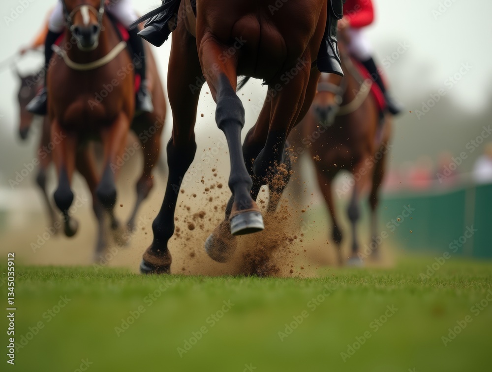 Close-up horse hooves kicking dirt, red saddle cloth, green Aintree track, dramatic Grand National intensity.