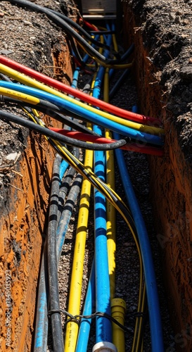 Colorful underground cables in trench highlighting modern infrastructure development