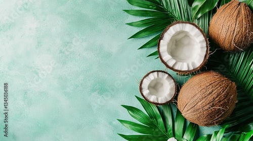   A cluster of coconuts resting on a verdant green table with a bottle of coconut oil beside them