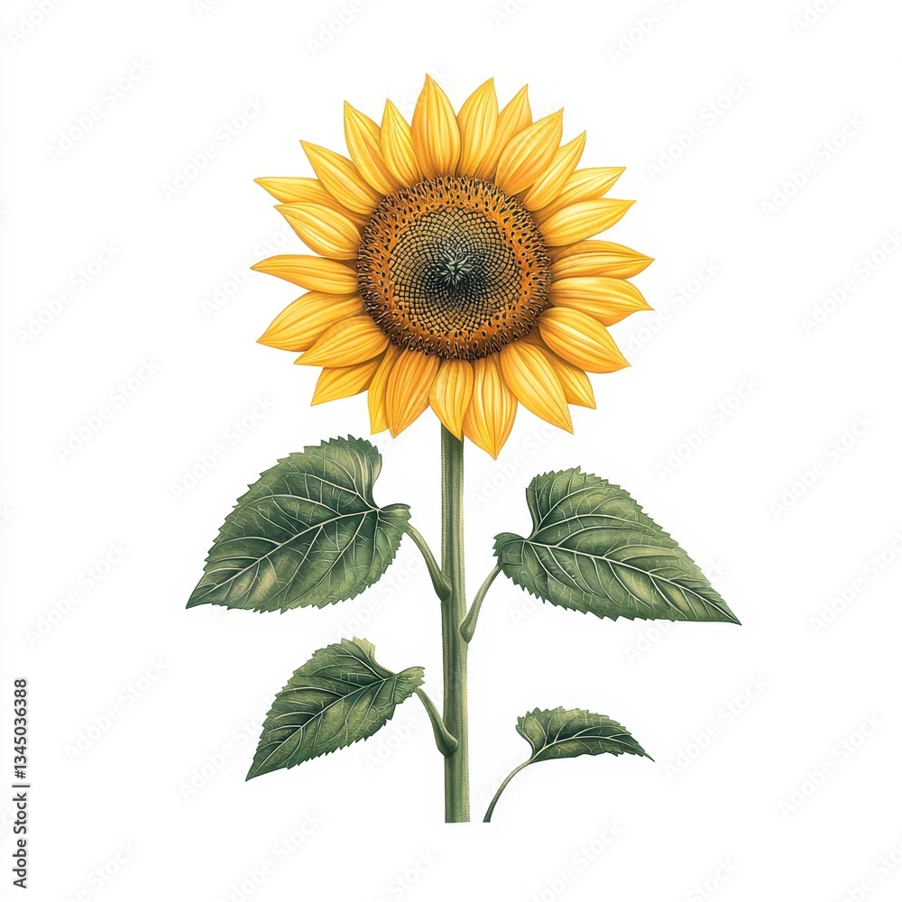 Obraz premium Bright Yellow Sunflower Blooming with Green Leaves on White Background