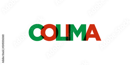 Colima in the Mexico emblem. The design features a geometric style, vector illustration with bold typography in a modern font. The graphic slogan lettering.