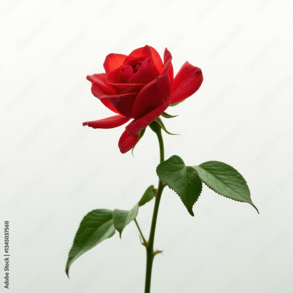Obraz premium Single red rose in bloom with green leaves on white background, realistic and elegant.