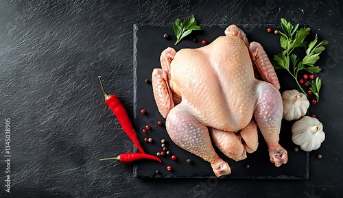 An entire raw chicken, whole and unsliced, with a garlic clove and red pepper on the side photo