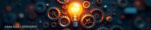 Bright lightbulb surrounded by gears, symbolizing innovation and creativity, technology , idea