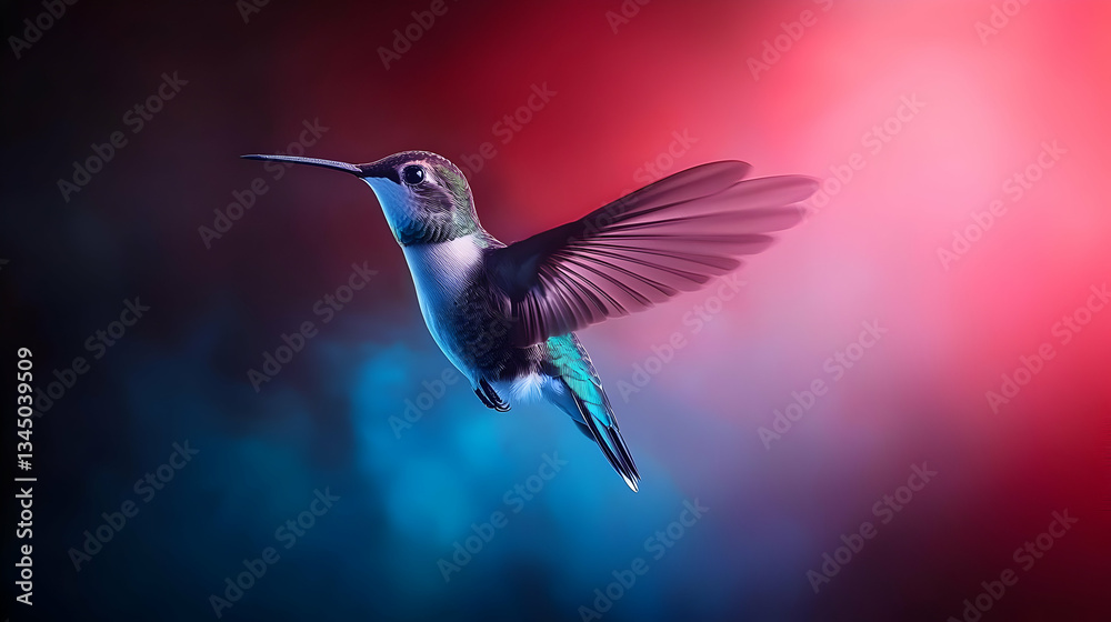 Fototapeta premium Pixelated Hummingbird In Flight Against Vivid Gradient Background