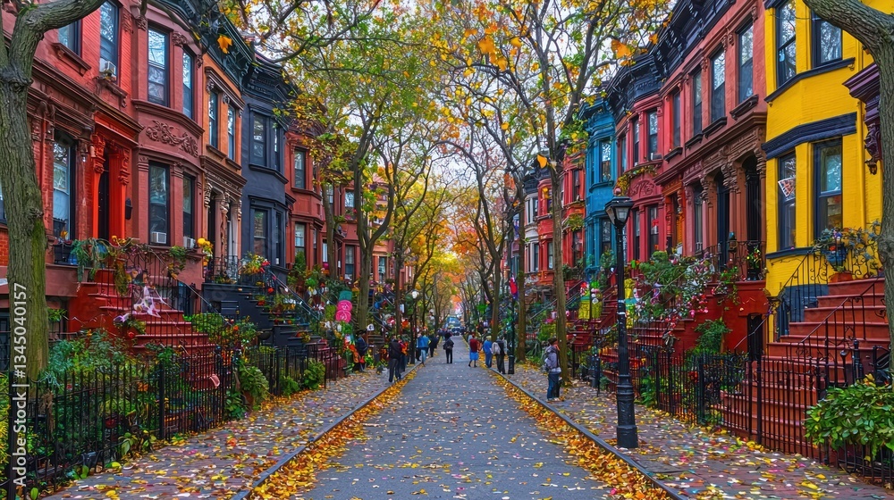 Fototapeta premium Colorful autumnal street lined with vibrant houses