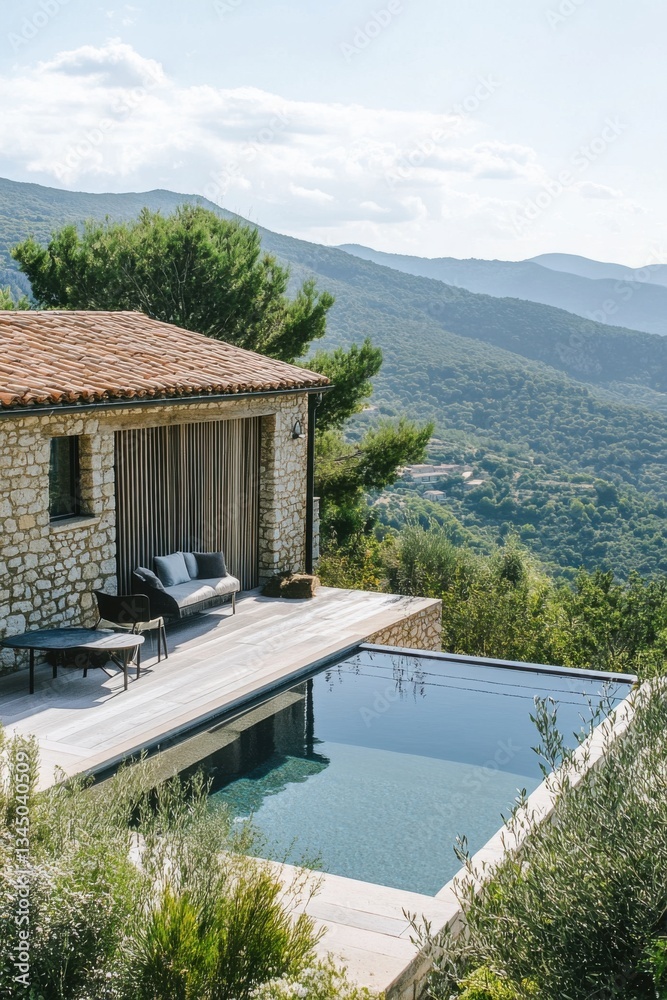 Naklejka premium Scenic hillside retreat features a modern pool and rustic stone cottage overlooking breathtaking mountain views in serene nature setting