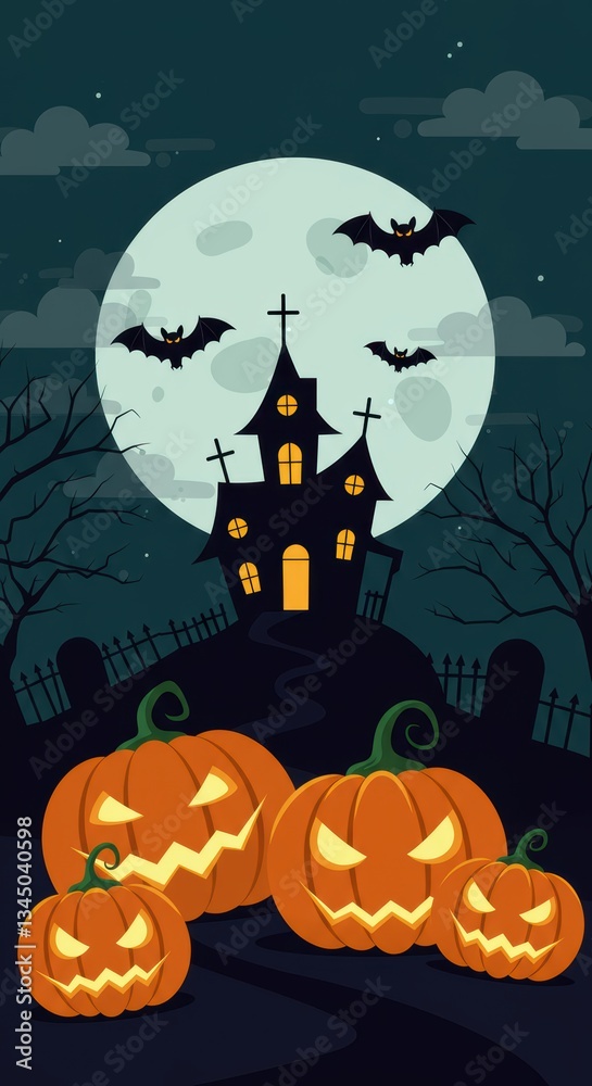 Fototapeta premium Spooky halloween night with haunted house and glowing jack-o'-lanterns under full moon