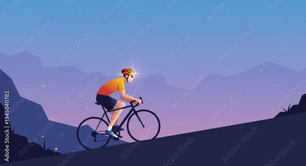 Fototapeta premium Cyclist climbing mountain road at dusk: vibrant digital art of evening ride