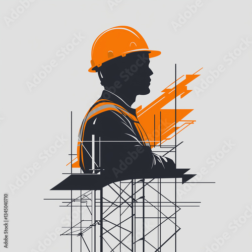 Construction Worker Silhouette Scaffolding Safety Helmet Design Orange
