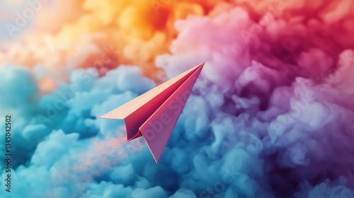 A vibrant paper airplane flies through a colorful smoke burst creating a striking dynamic image