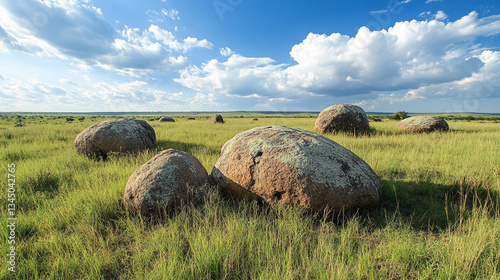 Large boulders scattered across a grassy field under a bright blue sky with fluffy clouds