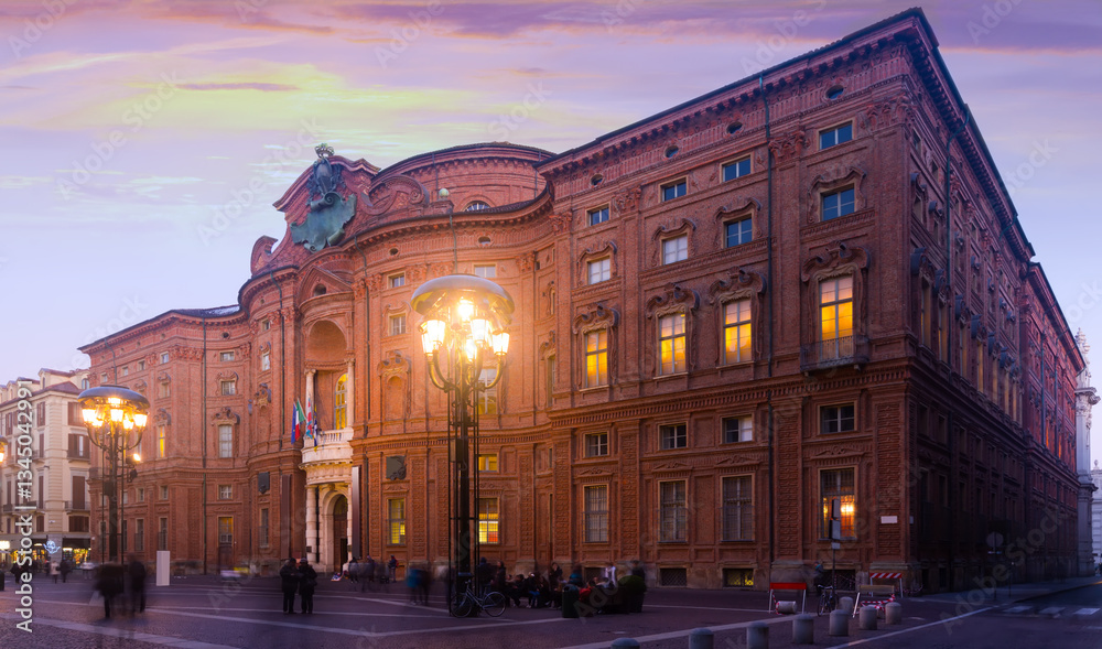 Fototapeta premium Impressive rounded facade of historic Palazzo Carignano building in evening time, Turin, Italy