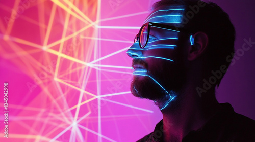 Profile of a man with glasses illuminated by neon lines against a vibrant abstract background
