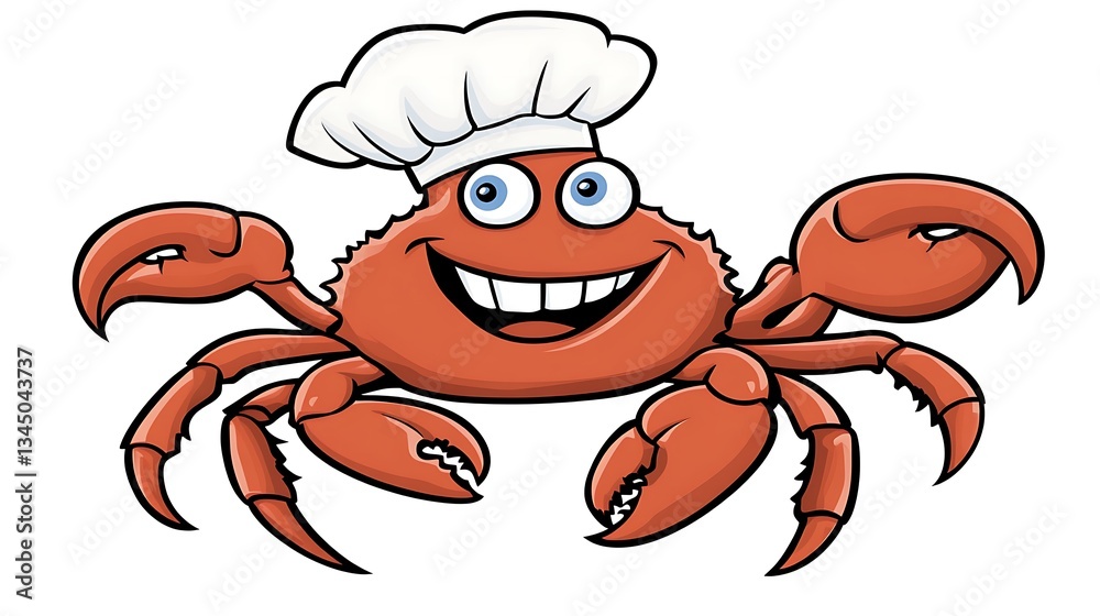 Fototapeta premium A smiling cartoon crab is wearing a chef hat
