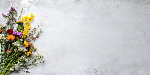 Wildflowers bunch on gray background. Summer, Midsummer, Summer Solstice Day, Feast of the Assumption background