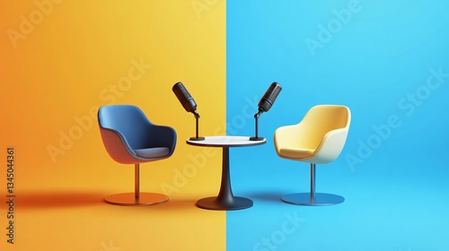 Vibrant podcast setup featuring microphones, chairs, and a table on a dual-tone backdrop, blending modern design with a pop of color and professional audio.