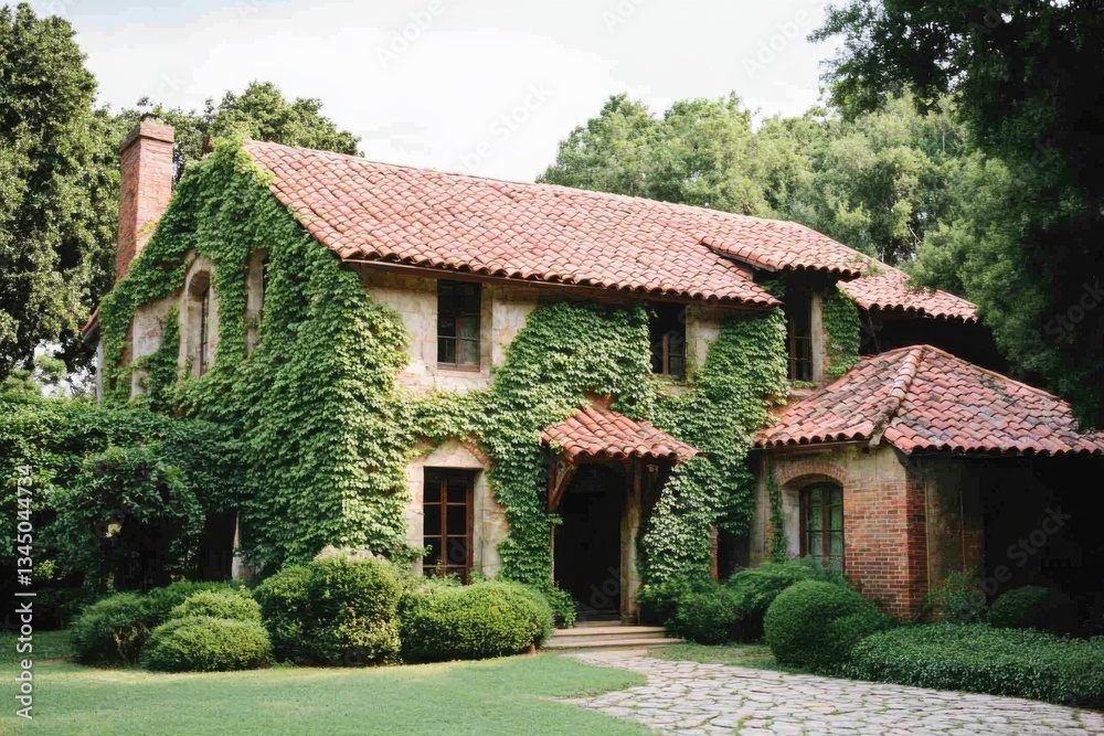 Ivy-covered house nestled in lush greenery with a quaint pathway leading to the entrance on a sunny day in a serene neighborhood Ivy-covered house nestled in lush greenery with a quaint pathway leading to the entrance on a sunny day in a serene neighborhood