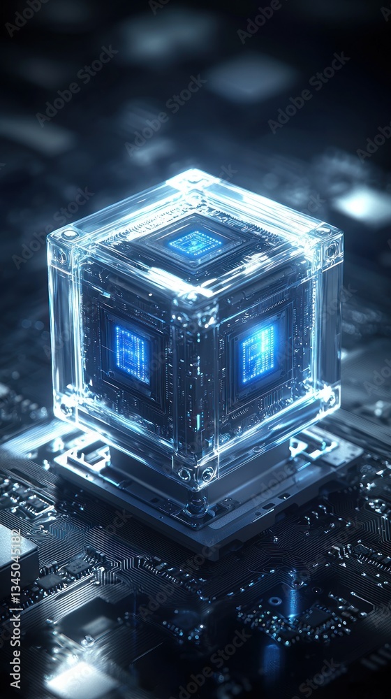 Fototapeta premium Clear cube with blue squares atop electronic circuit. Intricate design